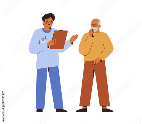 Doctor talks with senior man. Medical exam of elderly male patient in hospital. Physical and mental health support and care men's health age-related issues. Vector illustration