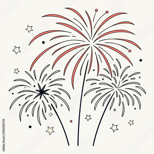 A minimalist vector illustration of fireworks exploding in the night sky with stars
