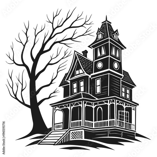 A black and white vector illustration of a haunted house with a bare tree