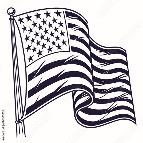 A black and white illustration of the American flag waving on a pole