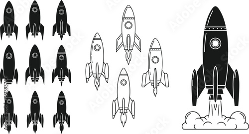 Rocket Icon Set with Space Exploration and Launching Spacecraft Symbols for Sci-Fi and Aerospace Design