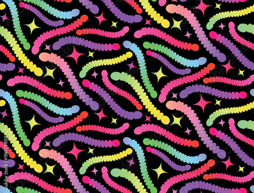 Seamless pattern with neon fuzzy worms and magic stars on black background, Y2K aesthetic nostalgia wallpaper, retro toy worm on a string vector
