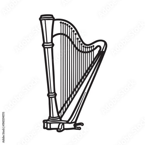 An outline illustration of a harp musical instrument is shown standing alone.