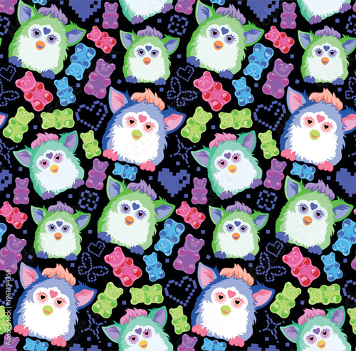 Seamless pattern with retro fluffy robot toys and gummy bears, Y2K aesthetic background with pixel hearts and butterflies, vector nostalgia wallpaper