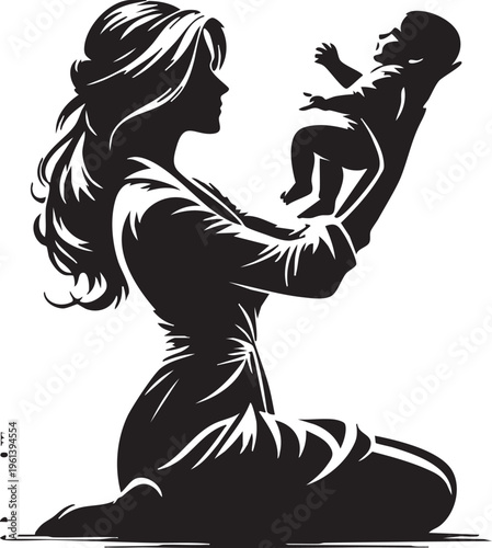 Mother lifting baby silhouette vector illustration maternal bonding family love abstract design