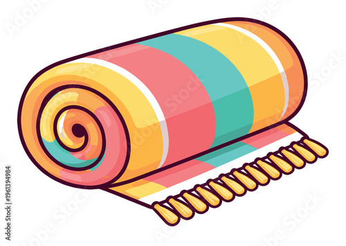Rolled striped towel with vibrant colors and fringe detail, ready for beach trips, picnics, or relaxing by the pool