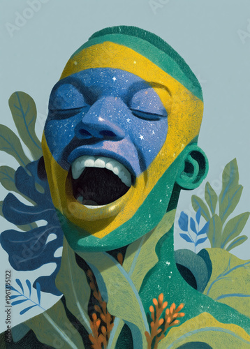 Brazil national pride and sports fan celebration. Expressive portrait of a person with Brazilian flag face paint shouting with joy among tropical rainforest leaves. Vibrant artistic illustration.