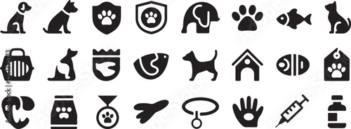 pet icons veterinary animal care silhouette grid set