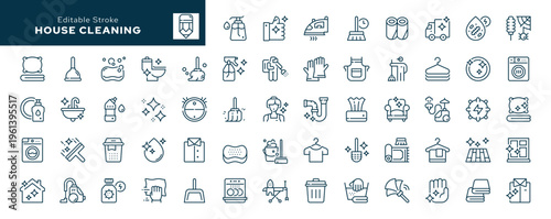 House cleaning. Clean up the house. Washing floors, windows, dishes, clothes and linen. Sweeping the floor and wiping dust. Set of outline icons. Line icon in linear style. Vector collection	