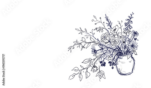 Hand-drawn floral sketch in vase on white background