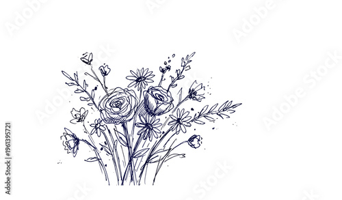 Elegant hand-drawn floral bouquet sketch with detailed line art
