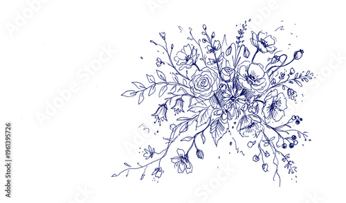 Intricate blue ink floral bouquet on white background