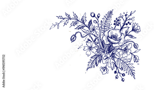 Blue floral sketch of blossoms and leaves on white background