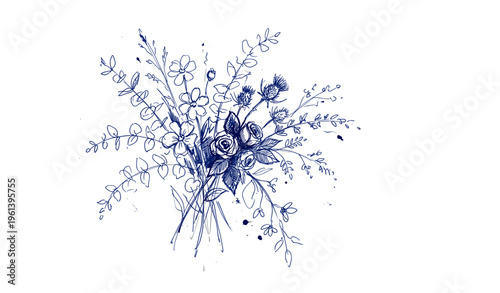 Intricate blue floral sketch featuring mix of wildflowers and leaves