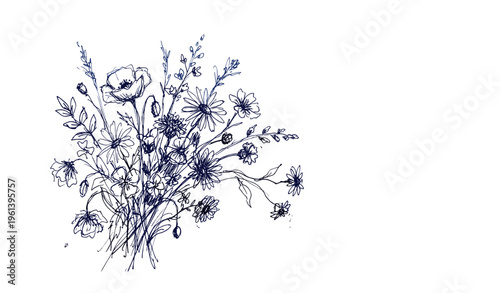 Delicate wildflower bouquet sketch in blue ink