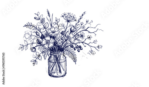 Hand-drawn floral sketch in a jar with detailed botanical elements
