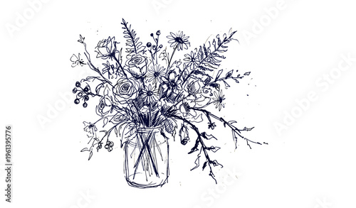 Hand-drawn floral bouquet in a jar with wildflowers and leaves