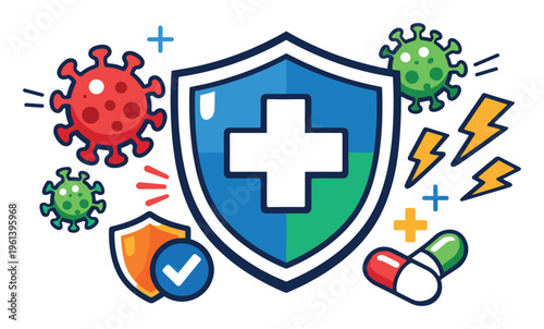 Immune system medical shield protecting against harmful viruses and bacteria, showing healthcare and well-being