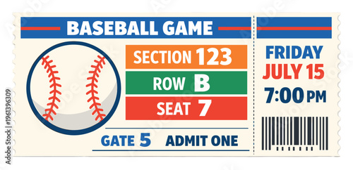 Baseball game ticket granting admission to a stadium, featuring details like section, row, seat number, date, and time