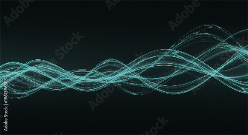 Abstract swirling digital waves of light particles on black background for technology and science.