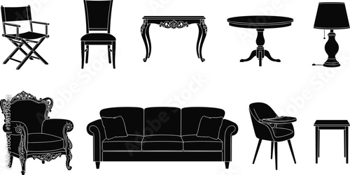 Antique and Modern Furniture Silhouettes Set, Elegant Sofa, Ornate Armchair, Director Chair, Table, and Lamp for Interior Design Graphic Vector Art