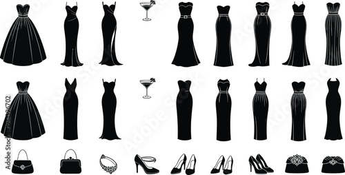 Evening gown silhouette collection with luxury dresses, elegant ball gowns, fashion accessories, high heels, stylish handbags, jewelry, and cocktail party icons.
