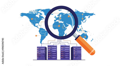 Global network search vector illustration with world map, magnifying glass, and server racks