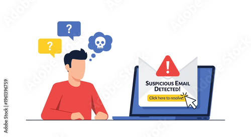 Man receives suspicious email on laptop, showing phishing scam and online security threat