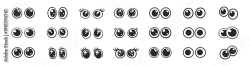 Cute cartoon eyes icon set, expressive funny eyeball characters, simple minimal vector illustration collection isolated on transparent background