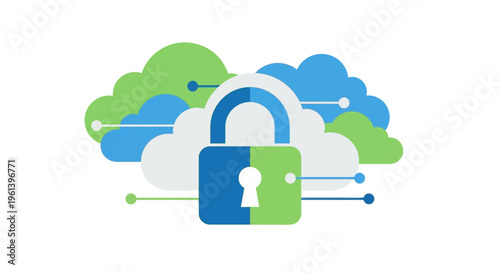 Cloud security vector illustration with padlock and connected data for digital protection