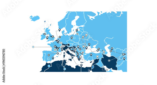 Detailed vector map of Europe, North Africa, and Middle East with location pins and network lines
