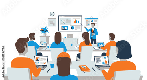 Business training and education vector illustration with presenter and audience in a meeting room