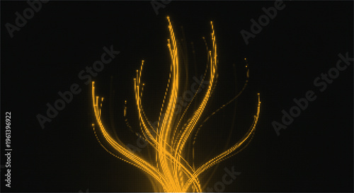 Abstract illustration of glowing orange light trails forming organic, upward-reaching shapes on dark background.