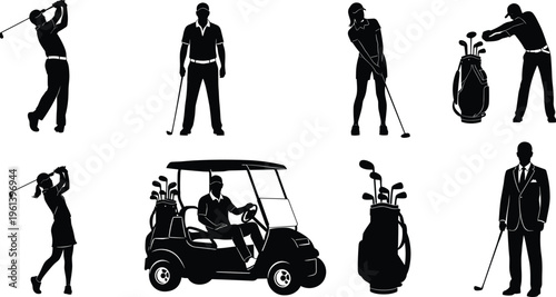 Professional Golf Silhouette Collection Featuring Male and Female Players, Golf Cart, Equipment Bags, Athletes Swinging Clubs, and Sportsman in Suit, Vector