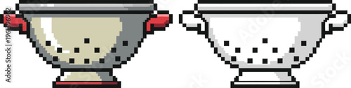 Two pixel art colanders, one beige with red handles and one white with grey handles, both featuring drainage holes, depicted as kitchen utensils.