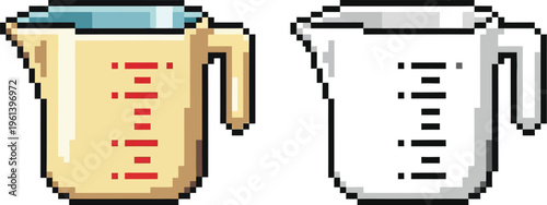 Pixel art illustration featuring two distinct kitchen measuring cups, one in beige with red markings and another in white with grey details.
