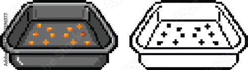 Pixel art illustration of a gold panning pan, one in color with gold nuggets and the other as a black and white outline.