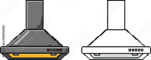 Illustration of two kitchen range hoods, one in color with an illuminated light and the other as a black and white outline drawing, depicting kitchen ventilation appliances.