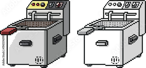 Pixel art illustration of two commercial deep fryers, one colored and one in black and white outline, used for frying food in a kitchen setting.