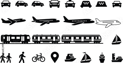 Transportation Icon Set Featuring Car, Airplane, Train, Ship, Bicycle, Pedestrian Silhouettes, Taxi Cab, Map Pin, and Logistics Symbols for Travel Design