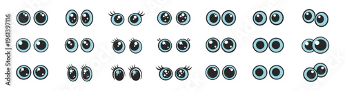 Cute cartoon eyes set, funny expressive eyeball characters, kawaii emoji style, minimal simple vector illustration collection on transparent background