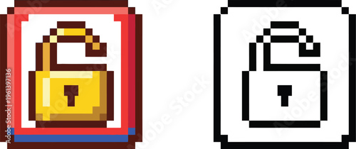 Pixel art illustration of an unlocked golden padlock icon with an open shackle, presented alongside a black and white outline version, symbolizing open access or security.