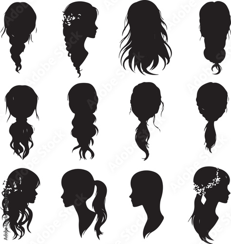 Silhouette of various female hairstyles.