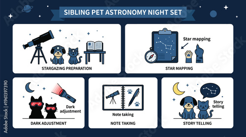 A five-panel graphic outlines the activities involved in a sibling pet astronomy night set, including stargazing and star mapping.