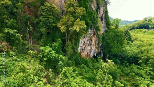 Detailed Aerial Perspective Showcasing Textured Limestone Cliffs With Caves And Vegetation Intertwined