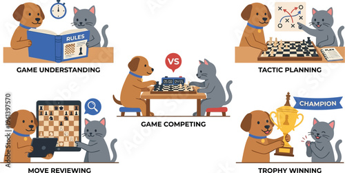 A dog and a cat engage in a competitive board game demonstrating strategic thinking while reviewing rules and planning tactics.