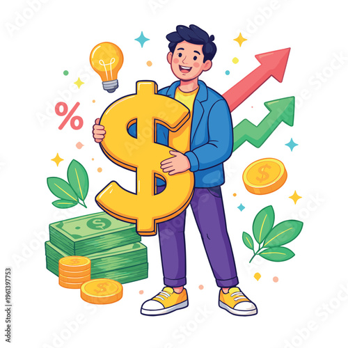 Young man holding a dollar sign, surrounded by stacks of money, coins, growing arrows, and a lightbulb, symbolizing financial success and new ideas