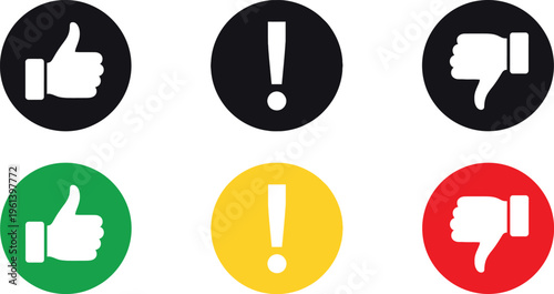 A set of six icons representing approval warning and disapproval in three different colors