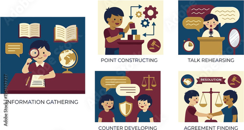 Set of five connected illustrations depicts children engaging in various learning activities like research, building, debate, and agreement.