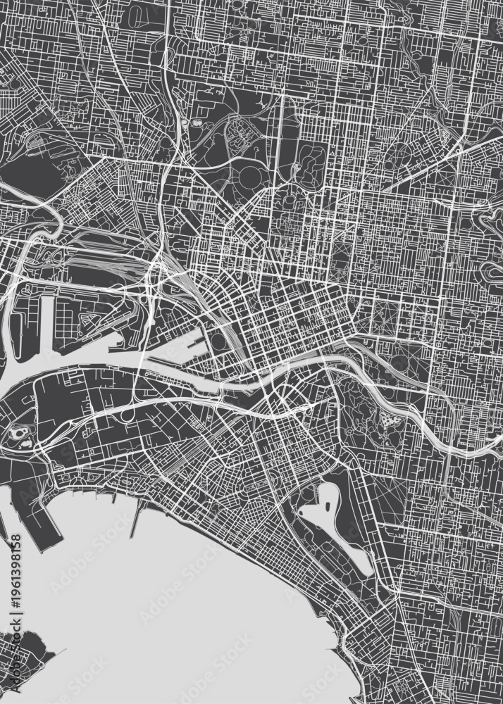 Obraz premium Detailed vector map of Melbourne City Center the capital and most populous city of the Australian state of Victoria, Monochrome topographic urban street plan, Cartography travel poster